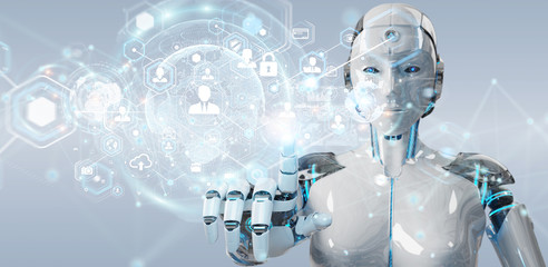 White woman robot using digital screen interface 3D rendering