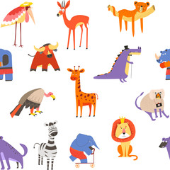 Animals seamless pattern, lion and zebra, macaque and elephant