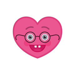 Egghead heart shaped funny emoticon icon. Wiseacre pink emoji in glasses. Social communication and online chatting vector element. Nerd face showing facial emotion. Valentines day mascot in flat style