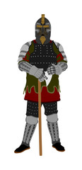Knight in armor with helmet and ax vector isolated. Medieval fighter in battle. Hero keeps castle. Armed man defends honor of his family and people. Defend country against enemy. Hangman executioner.