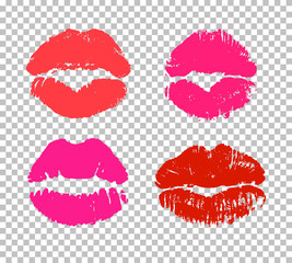 Seductive red lips imprints isolated on transparent background. Sensually lipstick kiss silhouettes. Valentines day romantic vector symbol. Provocative erotic element. Sexy and passionate kiss sign.