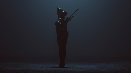 Black Latex Futuristic Abstract Assassin with Sniper Rifle 3d illustration 3d render 