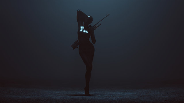 Black Latex Futuristic Abstract Assassin with Sniper Rifle 3d illustration 3d render 