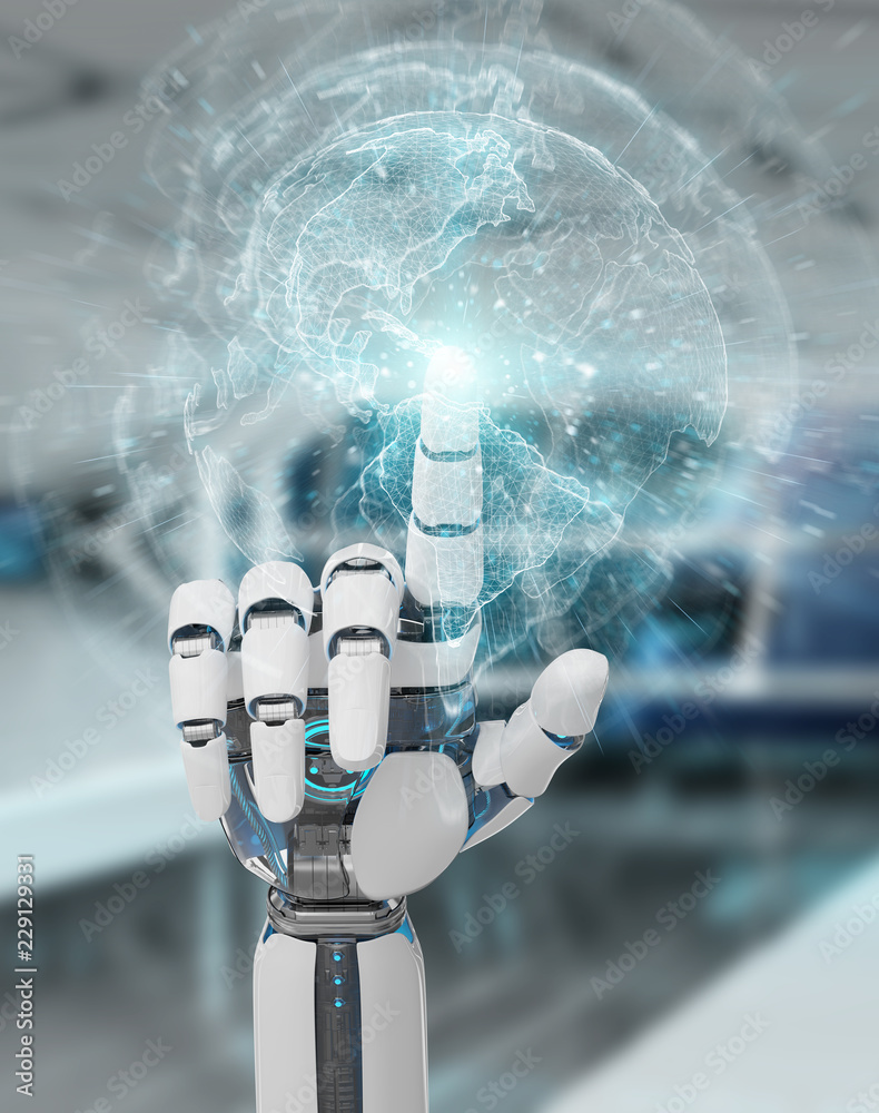 Wall mural white cyborg hand using planet earth interface 3d rendering