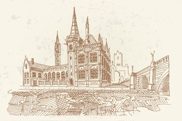 Vector sketch of embankment Graslei and medieval buildings. Former center of the medieval harbor. Ghent, Belgium. Retro style.