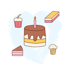 Hand drawn doodle set with cakes, muffins. Vector illustration suitable for greeting cards, posters, templates.