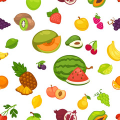Banana and watermelon, cherry and pineapple fruits seamless pattern