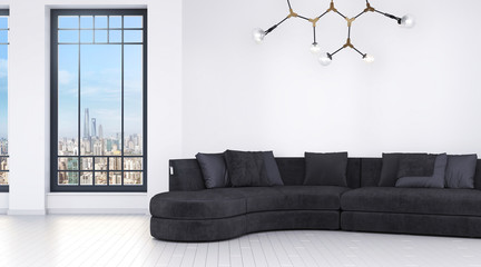 Modern bright room with big windows and sofa 3d illustration