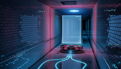 Futuristic billboard in dirty underground tube station mockup 3d rendering