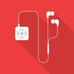 White mp3 player with earphones flat icon isolated on red background. Simple mp3 player with long shadow in flat style, vector illustration.