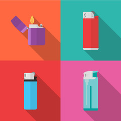 Set of lighters icons with long shadow isolated on colorful background. Simple lighters in flat style. Vector sign symbol illustration