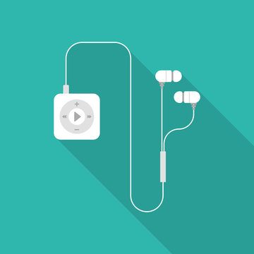 White mp3 player with earphones flat icon isolated on blue background. Simple mp3 player with long shadow in flat style, vector illustration.