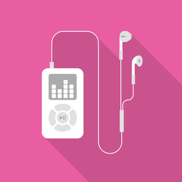 White mp3 player with earphones flat icon isolated on pink background. Simple mp3 player with long shadow in flat style, vector illustration.