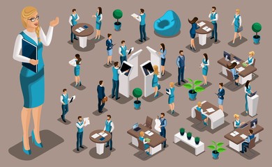 Isometric set 3, bank icons with bank employees, woman bank worker, customer service manager. Financial structure, banking business
