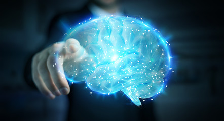 Businessman using digital 3D projection of a human brain 3D rendering