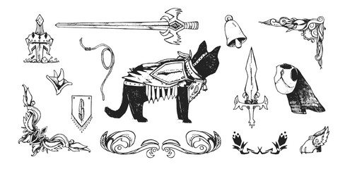 The set of hand-drawn illustration on a fantasy theme of middle ages. Cat in armor with swords and other elements. The collection includes frames.