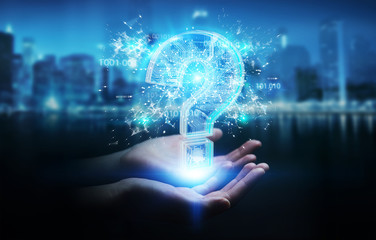 Businesswoman solving problem with digital question marks 3D rendering