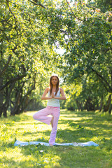 Beautiful girl doing yoga in the park. Stretching exercises