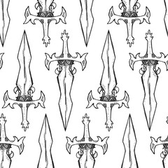 Seamless texture with a sword and dagger. Repeating middle ages style pattern. Can be used as wallpaper, desktop, wrapping, fabric or background for your blog, covers, cards.