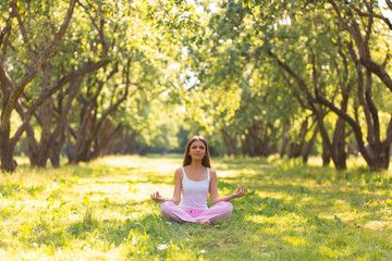 Beautiful girl doing yoga in the park. Stretching exercises
