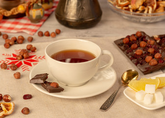 coffee with chocolate and nuts for breakfast in a cozy atmosphere