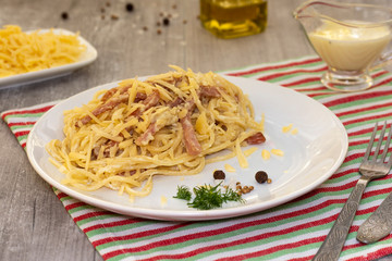 Carbonara pasta in a white plate