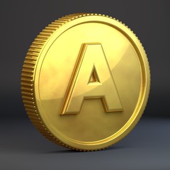 Golden coin with letter A uppercase isolated on black background.