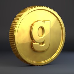 Golden coin with letter G lowercase isolated on black background.