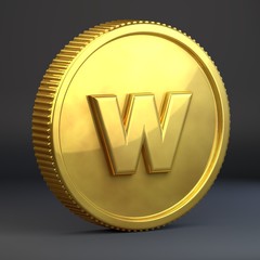 Golden coin with letter W lowercase isolated on black background.