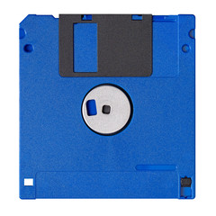 Standard blue floppy disk isolated on white background. Backside view.