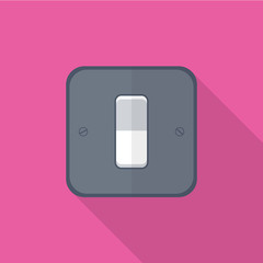 Electric light switch flat icon with long shadow isolated on pink background. Simple light switch card in flat style, vector illustration.