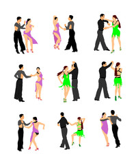 Elegance tango Latino dancers vector illustration isolated on white background. Dancing couple. Partner dance salsa, woman and man in love. lady and gentleman passionate Latin erotic sensual dance.
