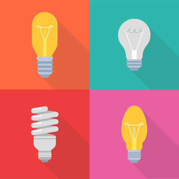 Set of  light bulbs icons with long shadow isolated on colorful background. Simple lamps  in flat style. Vector sign symbol.