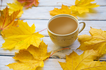 Coffee cup with autumn leaves