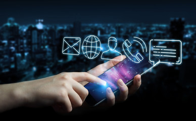 Businesswoman using thin line contact icon