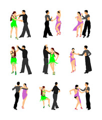 Elegance tango Latino dancers vector illustration isolated on white background. Dancing couple. Partner dance salsa, woman and man in love. lady and gentleman passionate Latin erotic sensual dance.
