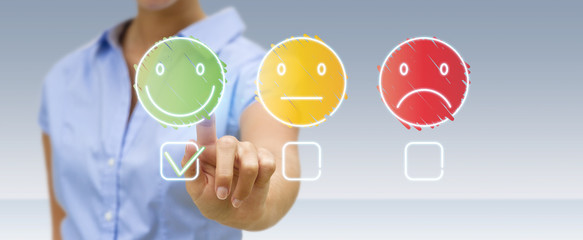 Businesswoman using thin line customer satisfaction rating