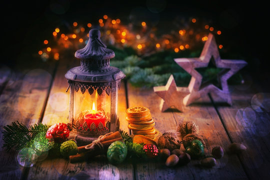 Colorful Festive Christmas Background  -  Lantern on rustic wood