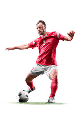 Fototapeta na wymiar one caucasian soccer player man isolated on white background