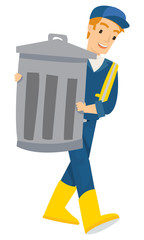 A man carry the trash can to the dump