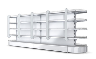 Empty shelves with stoppers in the store. 3d illustration isolated on white.