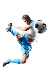one caucasian soccer player man isolated on white background