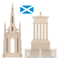 Obraz premium Flat Dugald Stewart and Scott Walter Monument in Edinburgh Scotland, United Kingdom. Historic sight attraction England sightseeing. Travel icon landmark. City architecture of Great Britain.
