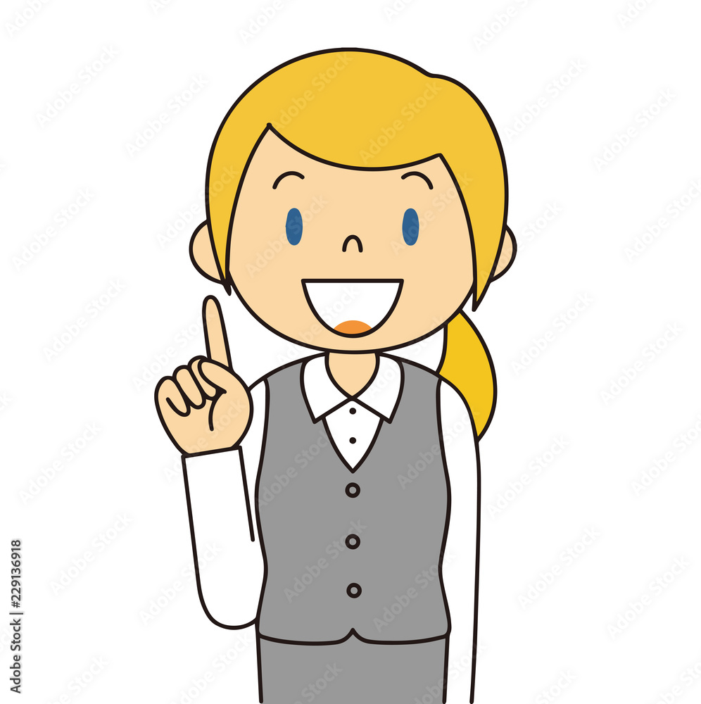 Fototapete 二頭身　外国人　グレーの制服の女性　人差し指をさす　ひらめく