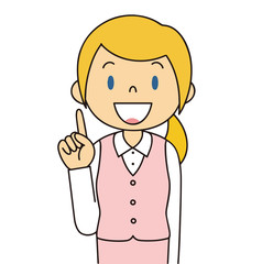 二頭身　外国人　ピンクの制服の女性　人差し指をさす　ひらめく