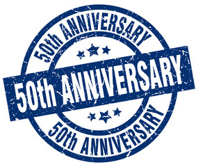50th anniversary blue round grunge stamp