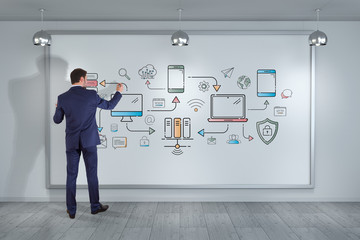 Businessman drawing tech devices and icons thin line interface on a wall