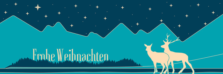 Banner Frohe Weihnachten mit Rentieren vor einem Gebirge im Winter