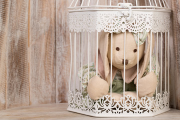 Portraying animal abuse with a toy bunny in a white cage on a wooden background