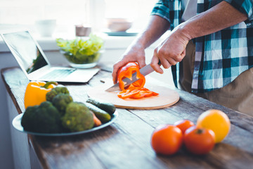 Tasty lunch. Close up of kitchen table during food preparation process